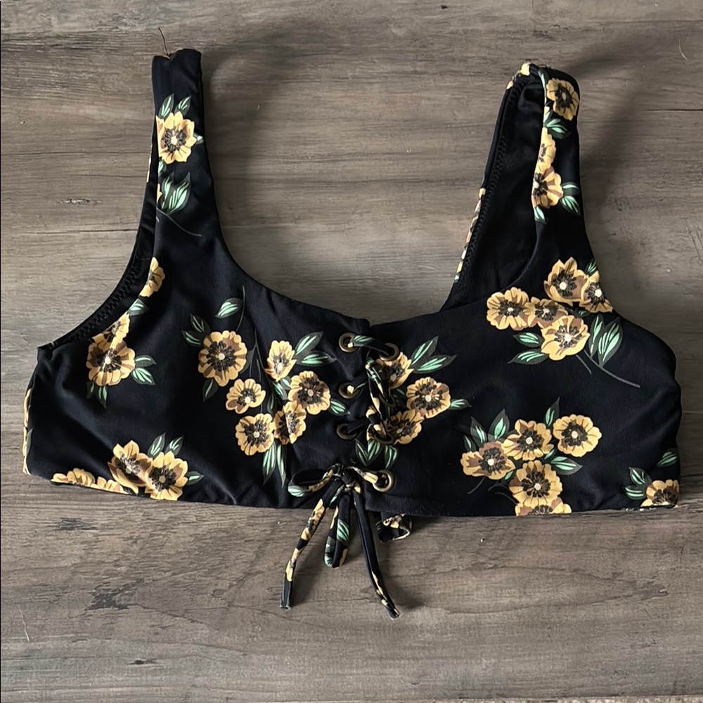 O'Neill Black and Yellow Floral Tie Front Bikini Top